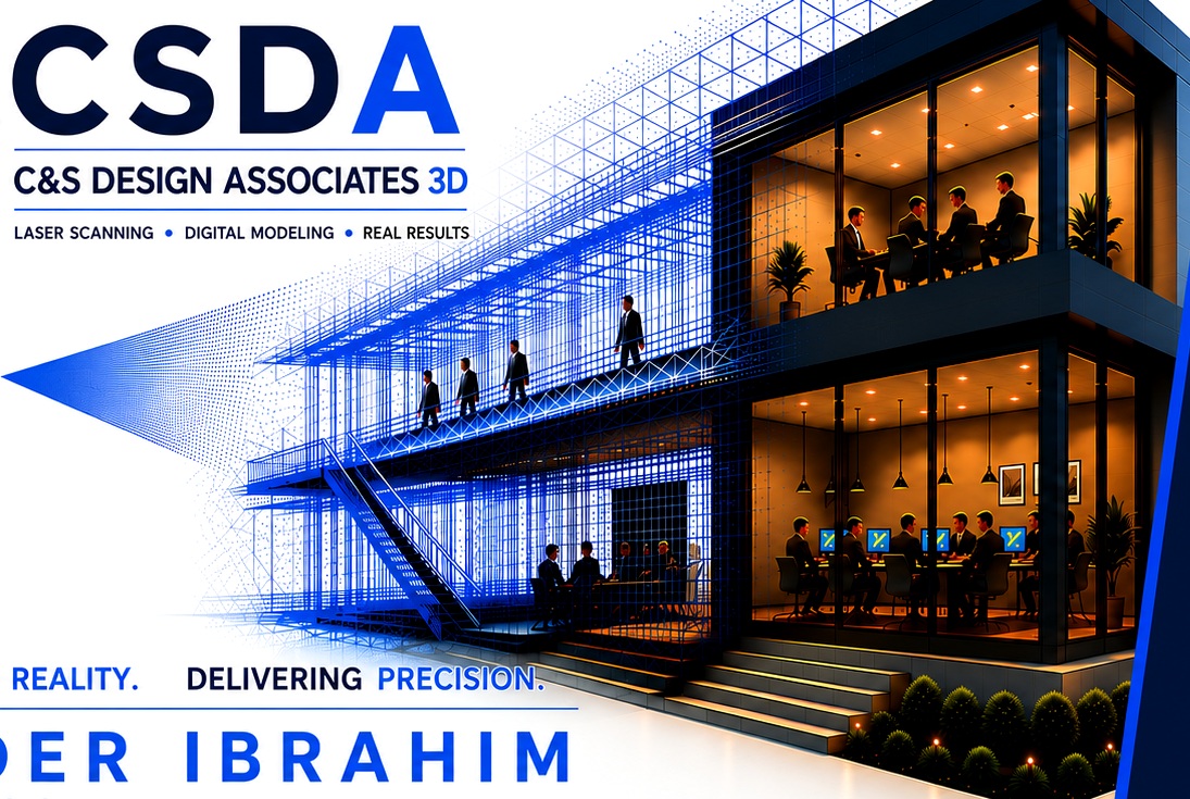 Architectural building transitioning from laser-scan wireframe data to a completed digital model